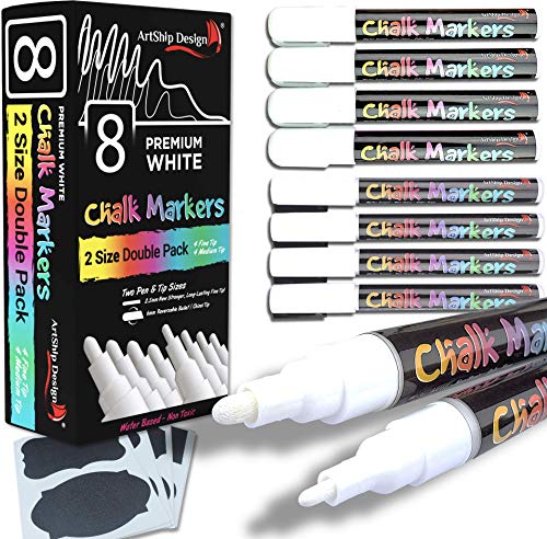 8 White Chalk Markers - Double Pack of Extra Fine and Medium Tip Liquid Chalk Pens