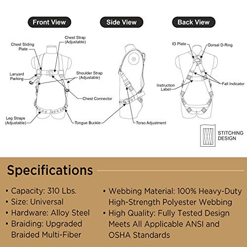 Afp Universal Full-Body Fall Protection Safety Harness W/ Dorsal D-Ring Tongue Buckle Legs Hi-Viz Green, Shock Absorbing Lanyard (Osha/Ansi Rated) (1 Pack, Harness + Single Leg Lanyard W/ Snap Hooks) #TOP6