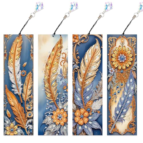 Image of 4-Pack 5D Diamond Painting Bookmarks Kit, DIY Diamond Art Bookmarks with Rhinestones and Tassels, Bohemian Unique Flower and Feather Designs, Handmade Bookmark Set for Adults, Gift for Book Lovers