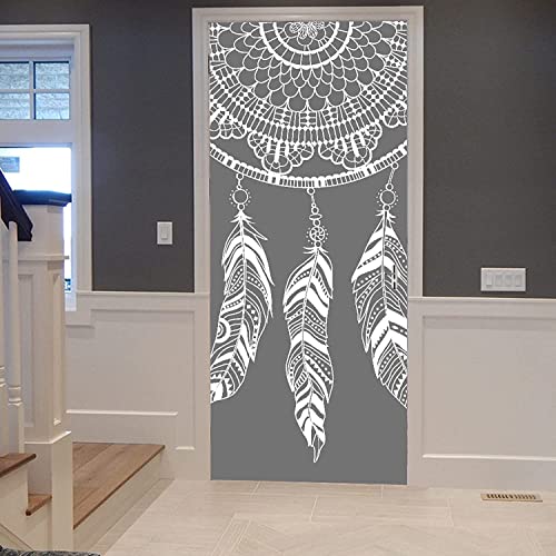 Stickers Porte Trompe Loeil Attrape-Rêves Fleuri À Plumes Blanches Imperméable Stickers Stickers De Porte Chambre À Coucher De Salon De 3D Moderne...