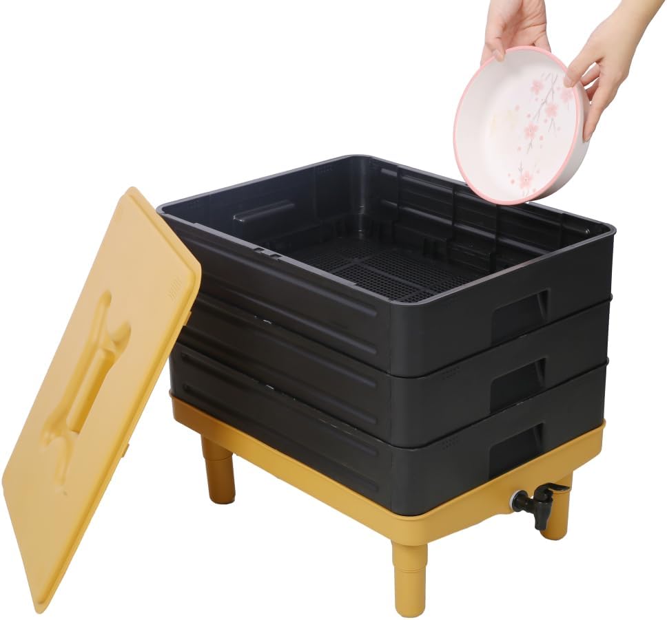 3 Tray Worm Compost Bin, 65L Indoor & Outdoor Worm Composter for Vermicomposting Starter, Farm Kit for Recycling Food Waste