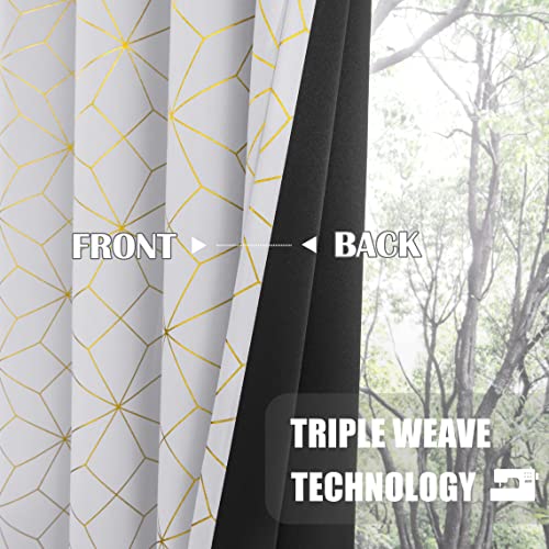 Beauoop Metallic Geo Blackout Window Curtain Panels Thermal Insulated Light Blocking Trellis Moroccan Drapes For Bedroom Living Room Diamond Grommet Window Treatment, Set Of 2, 50" X 84", White/Gold #TOP3