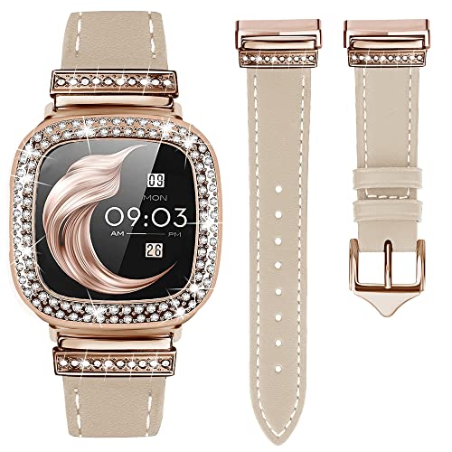 Leather Watch Band Compatible with Fitbit Sense 2 Bands/Fitbit Versa 4 Bands Women, Dressy Strap with Rhinestone Metal Buckle for Versa 3/Sense (Fitbit Sense 2/Versa 4, Beige/Rose Gold)