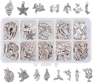 PandaHall Elite 90pcs Tibetan Silver Ocean Charms, 15 Styles Alloy Animal Pendants Starfish Seashell Fish Sea Charms for Jewellery Making Summer Earring Necklace DIY Crafts, Antique Silver