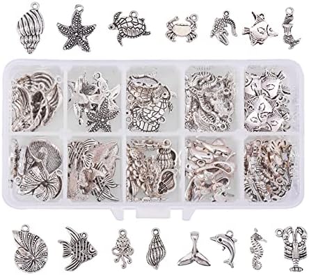 PH PandaHall 90pcs 15 Style Ocean Fish Charms Tibetan Seashell Marine Pendants Antique Silver Animal Sea Creatures Charms Pendants for Wakiki Hawaii DIY Bracelet Necklace Keychain Jewelry Making