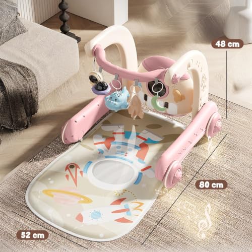 Image of Baybee 4-in-1 Activity Baby Walker for Kids with Convertible Play Gym, Musical Piano & Push Walker | Interactive Hanging Toys, Lights, Anti-Slip Wheels for Babies 0 to 3 Years (Pink)
