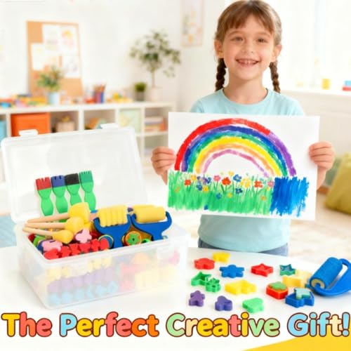 53-Pack Kids Sponge Paint Brushes, Washable Painting Brushes for Kids Toddlers, Toddler Painting Set, Early Learning Foam Roller Sponge Art Crafts Kit with Storage Bag, Creative Gift