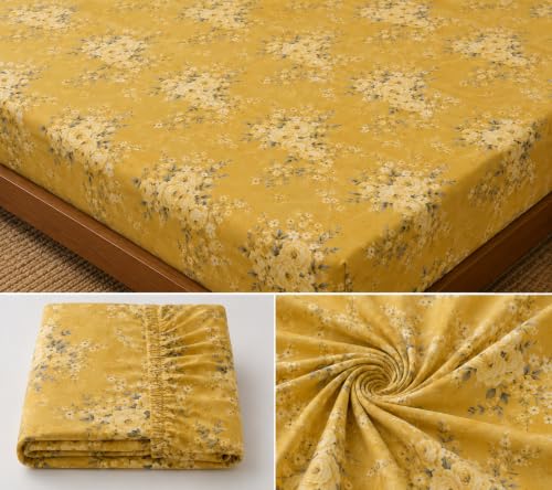Image of Fitted Bedsheet Yellow Golden Floral Print Glace Cotton 210 TC | King Size for Double Bed Fits 6 x 6.5 ft Mattress (72 x 78 Inch) | All Around Elastic | 2 Pillow Covers | 10 Inch Deep Pocket