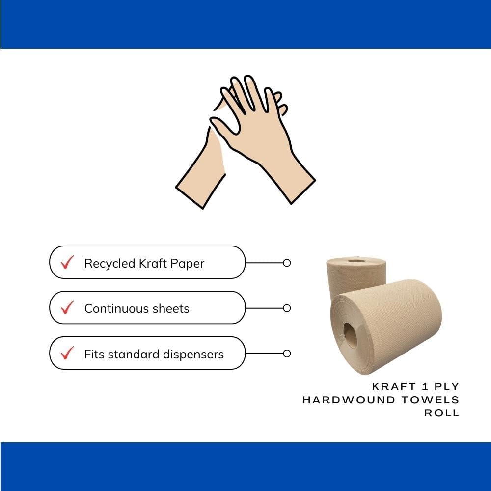 Commercial Hardwound Paper Towel Rolls, Brown 6 Pack, 8 Inch x 800 Feet, 1-Ply, 2 Inch Core, Fits Universal Dispenser