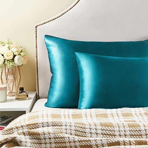 BEDELITE Satin Pillowcase with Zipper, Teal King Size Pillow Cases Set of 2, Super Soft and Cooling Similar to Silk Pillow Cases, Gift for Women Men(20x40 Inches)
