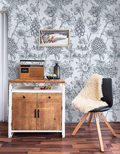 CiCiwind Tapete Selbstklebende Blumen Tapeten Grau Weiße Selbstklebende Möbelfolie 39×500CM Blumenmuster Tapete Wasserdicht Klebefolie Wohnzimmer Küche Schlafzimmer Vinyl Dekofolie Cover
