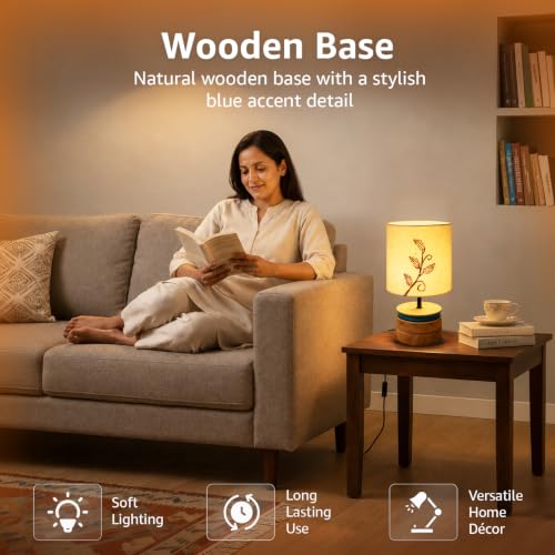 Image of Amazon Basics Kashida Floral Table Lamp | Wooden Base with Embroidered Floral Fabric Shade | E14 Holder | Decorative Night Lamp for Bedroom, Living Room & Study Room | Home Decor Gift