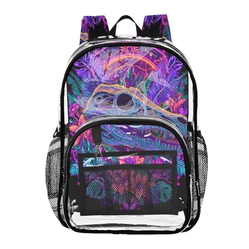 Clear Backpack for School Crocodile Skull Neon Lights Jungle Plants Flowers Transparent Bookbag for Girls See Through PVC Boy Backpacks