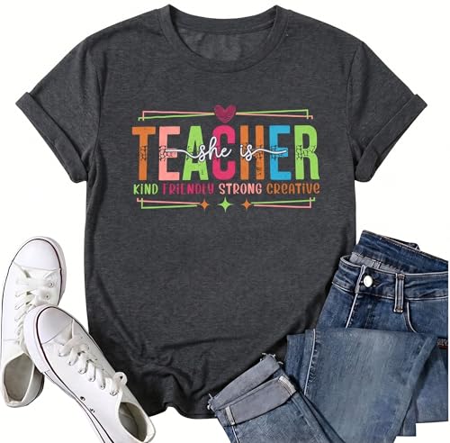 Image of Teacher Shirts Women Teach Print Graphic Tees Kindergarten Elementary Teaching Life Shirts Back to School Tees Tops
