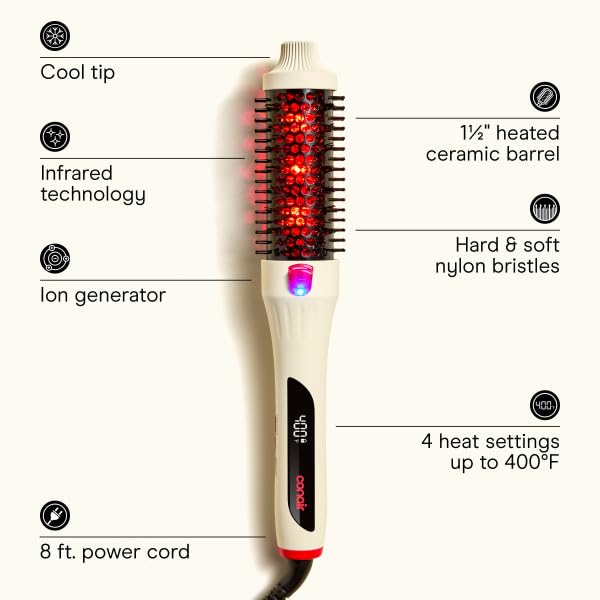 infiniti pro conair 1.5 inch infrared thermal brush - ionic heated hair styler with 4 heat settings up to 400°f, ceramic barrel for volume and curls, digital hot brush, white