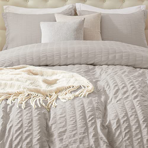 Cozyide Light Grey Duvet Cover Queen, 3 Pieces Bedding Duvet Covers, Soft Breathable Seersucker Duvet Cover Set With Zipper Closure And Corner Ties (1 Duvet Cover 90"X90" + 2 Pillow Shams 20"X26") #TOP3
