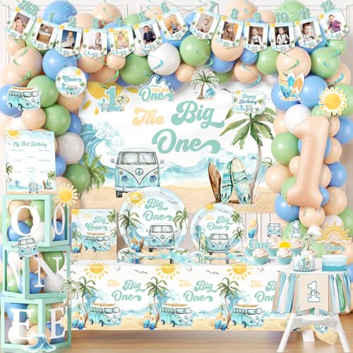 264Pcs The Big One First Birthday Decorations, Surf 1st Birthday Party Supplies with Photo Banner Backdrop Plates Napkins Tablecloth Balloon Box Cake Toppers for Boys Summer Beach Pool Party