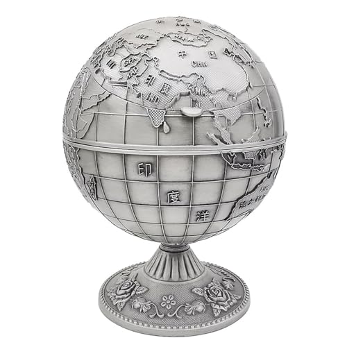 HOLIDYOYO Vintage Windproof Metal Ashtray with Lid, Globe Design Desktop Storage Bucket for Office and Home Use, Antique Style Fancy Cigarette Cigar Holder