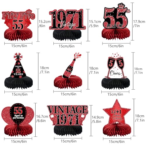 Image of 9Pcs 55th Birthday Decorations Red and Black 55th Birthday Party Decorations for Women,Happy 55 Years Vintage 1971 Aged Honeycomb Centerpieces Table Sign Decor Supplies