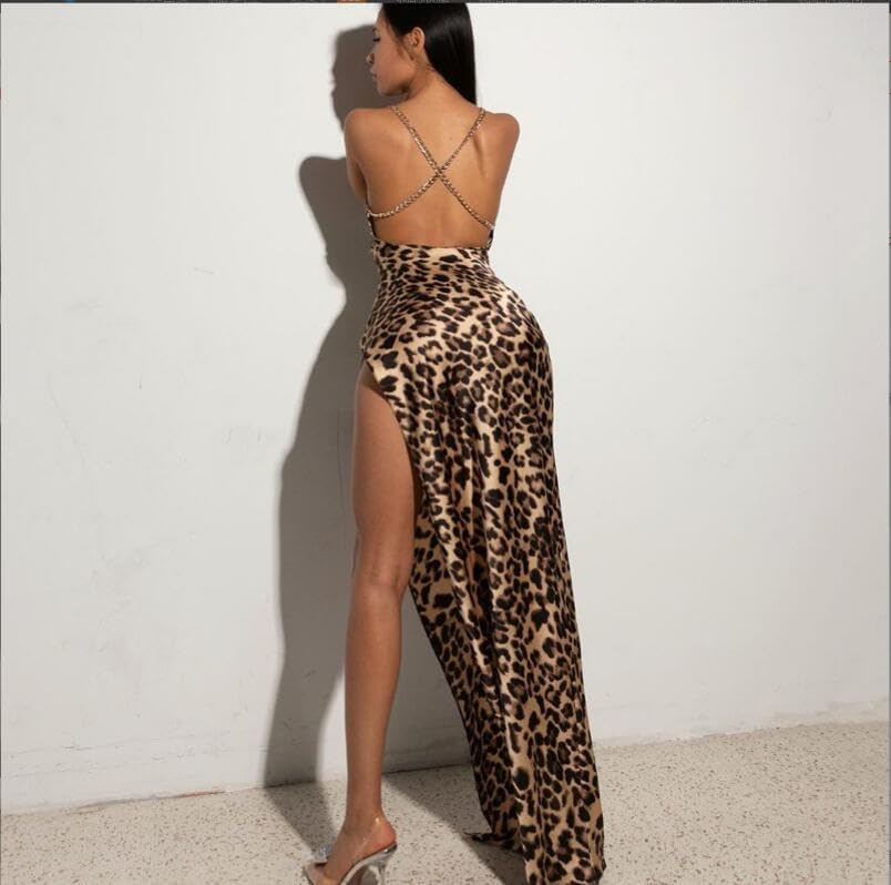 Women's Sexy Bodycon Leopard Print Sleeveless Halter Chain High Slit Maxi Dress Party Clubwear Dresses - Image 5