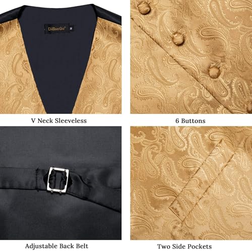 Image of DiBanGu Mens Vest and Tie Set Formal Paisley Waistcoat and Necktie Pocket Square Cufflinks Silk Suit Vest for Tuxedo Wedding