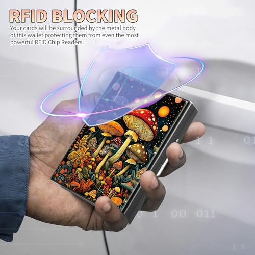 Image of Slim Credit Card Holder, Magic Colorful Mushrooms RFID Blocking Metal Wallet for Men & Women, Aluminum Minimalist Hard Case Pocket-Sized Business Cards Organizer (Fits Up to 10 Cards)