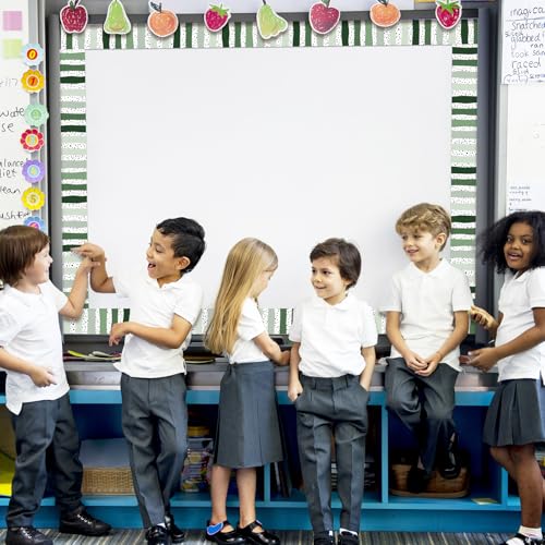 Image of Whaline 32.8 Ft Classroom Bulletin Board Borders, Gradient Sage Green Color | Dot Stripe Die-Cut Rolled Border Trim, for Back to School Chalkboard Wall Decoration