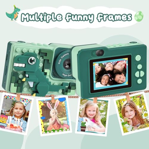 Image of Digital Mini Camera for Kids (Ages 3-12) - Fun Unicorn Silicone Cover, Perfect Toy for Boys & Girls (Dino Blocks-Green)