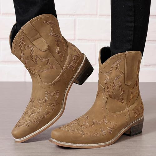 Cowboy Short Boots for Women Embroidered Stitched Wedding Western Cowgirl Ankle Booties Low Chunky Heels Pointed Toe Mid Calf Boots2