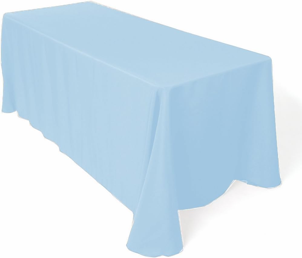 New Creations Fabric & Foam Inc, 90" Wide by 156" Long Rectangular Polyester Poplin Tablecloth, Rounded Corners, Light Blue