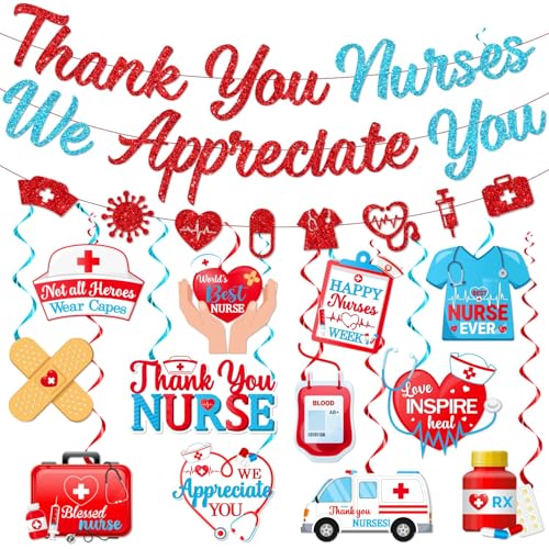 Nurses Week Decorations Nurse Appreciation Decorations includes Thank You Nurses We Appreciate You Banner and Happy Nurses Week Decoration Hanging Swirls Thank You Nurses Supplies