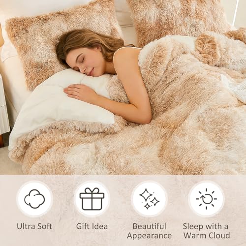 Image of EMME Luxury Khaki Fuzzy Duvet Cover Set Twin Size Fluffy Comforter Cover Set 2 Pieces Shaggy and Plush Soft Bedding Duvet Covers (Tie Dye Khaki, Twin)