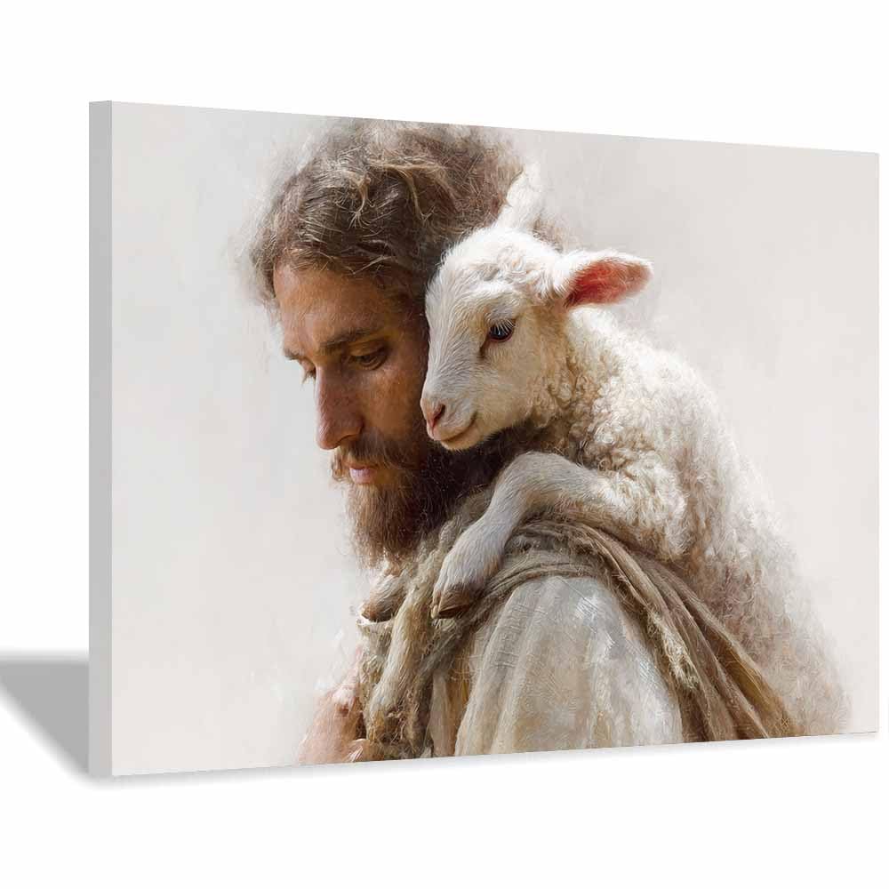 ZAMAEIU Jesus Canvas Wall Art Carrying thes lamb Christian Painting Print for Bedroom Living Room Bathroom Home Wall Decor Church Decor(white)-30x50cm Framed