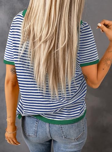 Image of Womens Short Sleeve Striped Color Block Crew Neck Sweater Shirt Lightweight Cotton Casual Summer Pullover Tops