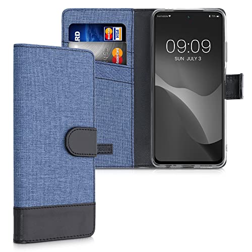 kwmobile Wallet Case Compatible with Xiaomi Redmi Note 10 / Note 10S - Case Fabric and Faux Leather Phone Flip Cover - Dark Blue/Black