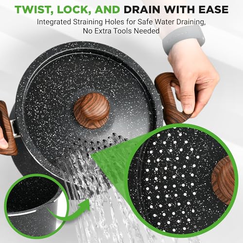 NutriChef 5qt Pasta Pot with Strainer Lid & Pasta Fork | Non-Stick Cooking Pot | Lockable Lid, Heat Resistant Handles | Even Heat Distribution | Easy Clean | Black Marble by NutriChef - Image 2