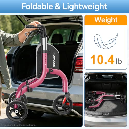 Image of HOMLAND Foldable 3 Wheel Walkers for Seniors, Lightweight 10.4 lbs | with Cane & Cup Holder, Height Adjustable, 8'' big wheel, Ruby Red