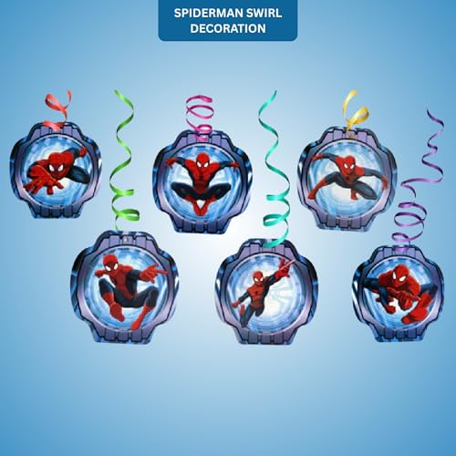 Image of WANNA PARTY Superhero Theme Hanging Swirl Decorations Pack of 12 with 6 Cutouts - Multicolor Ceiling Spiral Party Decor for Boys Birthday Decoration Items