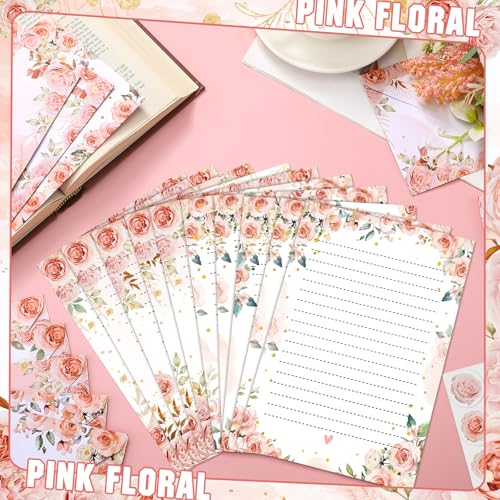 Image of TaoBary 160 Pcs Pink Floral Stationery Paper and Envelopes Set 50 Double Sided Lined Stationery Paper with 50 Matching Envelopes and 60 Round Dot Sticker 5.5 x 8.25'' Letter Writing Kit, 10design