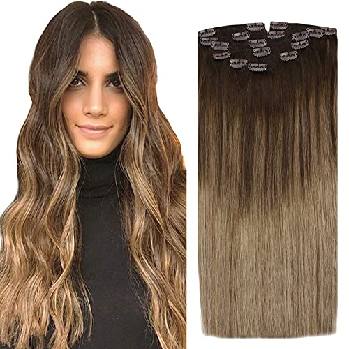 Sunny Blayage Clip in Brown Hair Extensions 14 inch Clip in Human Hair Extensions Blayage Dark Brown Mixed Golden Blonde Clip in Dark Brown Hair 7Pcs 120g