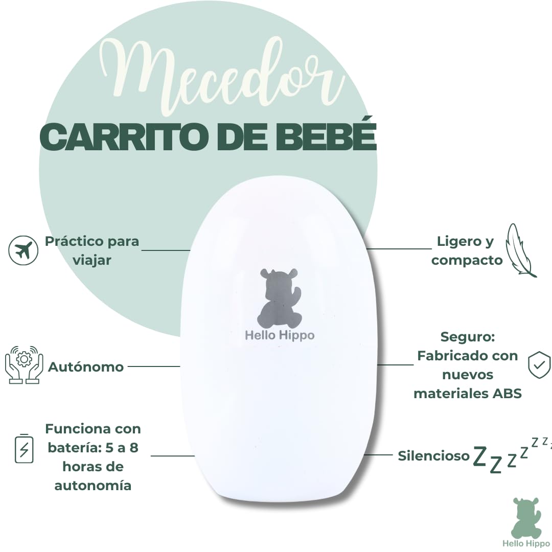 Hello Hippo - Baby Rocker | Mecedor de Carrito de Bebé - Cuna Mecedora Automática Silenciosa y Compacta | Mecedora Bebé Eléctrica Portátil con Fijación Universal | USB-C