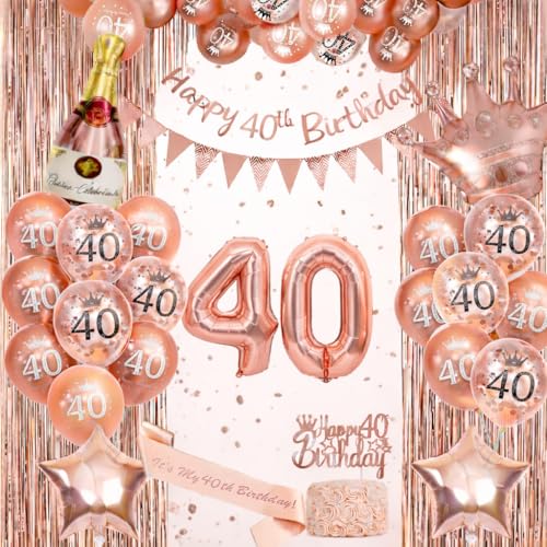 Omrel Rose Gold 40th Birthday Decoration for Women - Happy 40th Birthday Banner Triangle Flag Banner Number 40th Birthday Balloons Foil Curtains for Party Decorations