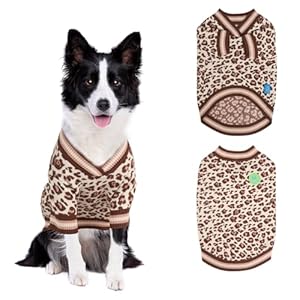 On The Roll， Stacked V-Neck Leopard Print Pullover Dog Sweater, Pet Dogs Sweaters, Knitted Dog Clothes, Pet Clothing, Suitable for All Seasons and Types of Dogs, （M）