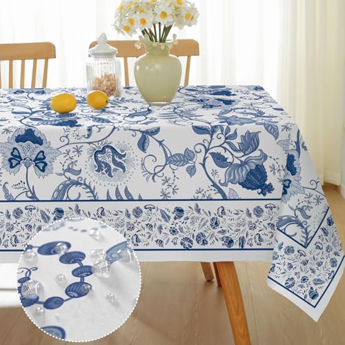 Spring Summer Tablecloths Rectangular, Vintage Spill Proof Blue and White Floral Table Cloth, Wrinkle Free Decorative Table Cover for Outdoor Party Picnic Dinner Decor (Rectangle, 52" x 70")