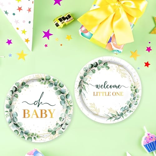 Image of 50Pcs Baby Shower Paper Plates 7 inch Sage Green Oh Baby Party Supplies