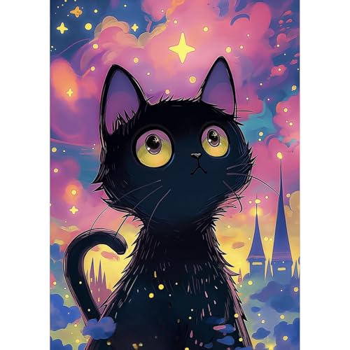 Image of HEIBAGO Starry Night Cat Diamond Art Kits for Adults, Animal Diamond Painting Kits for Adults Beginners, 5D Full Drill Round Diamond Art Painting,DIY Diamond Dots for Adult for Home Wall Decor 12x16In