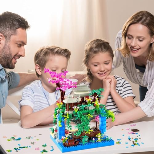 Image of SKY LINE OCEAN Cherry Blossom Tree Building Set (1435 PCS) - Japanese Sakura House Architecture with LED Lights, Micro Bonsai Building Blocks, Creative Construction Gift for Adults & Kids (14+ Years)