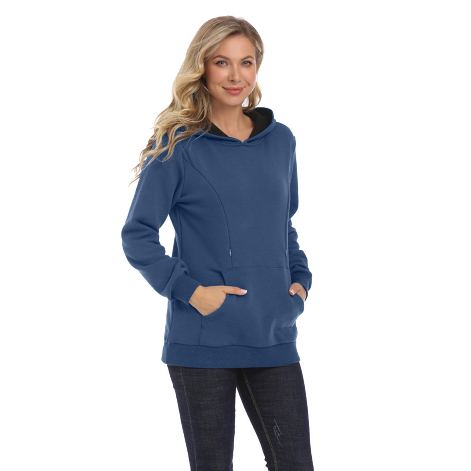 Camiseta de maternidad para mujer, con dobladillo regular, informal, de manga larga, cinturón, sudadera con capucha, forro polar, para embarazo, moda