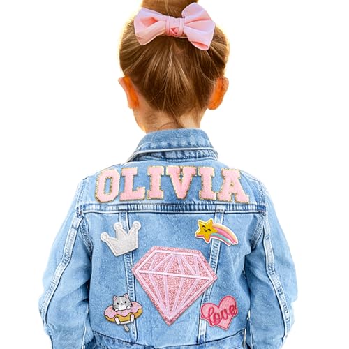 Personalized Kid Denim Patch Jacket With Name Tags, Girls Outerwear Coats, School Clothes Outfits for Ages 1-8, 2 Year Old Birthday