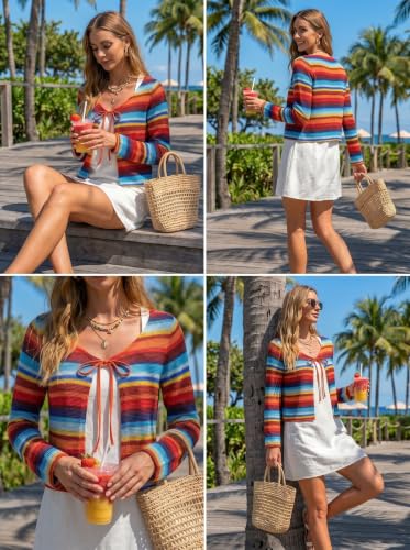 ZAFUL Swimsuit Coverup Shirt for Women Crochet Cardigan Bathing Suit Cover Up Long Sleeve Cover Ups Top Strip Blue XS — view 4